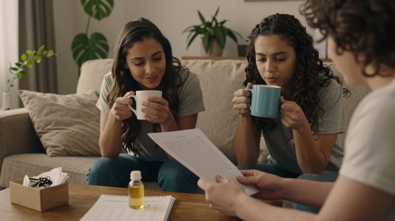 Three people sit on a couch drinking from mugs while looking at a document held by a fourth person.