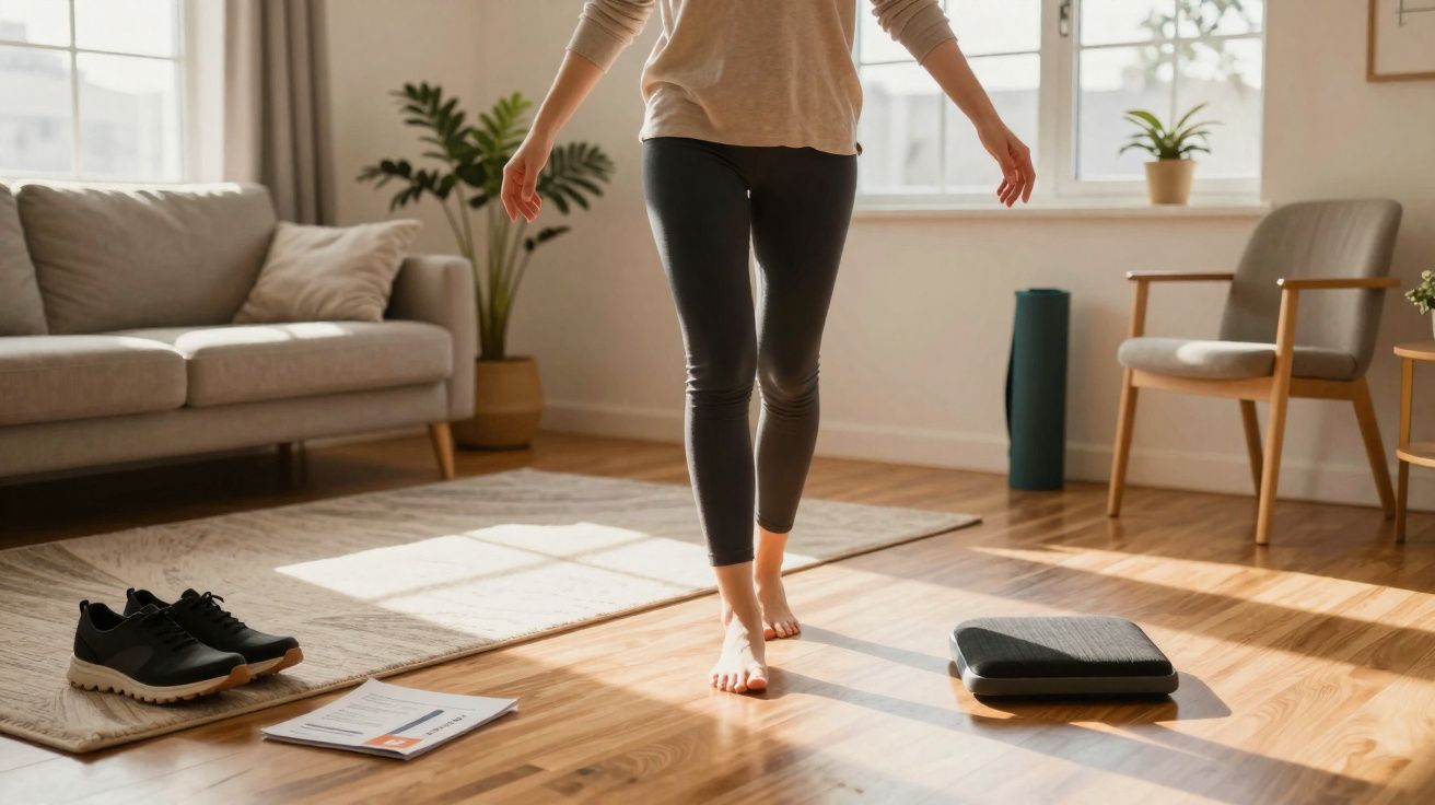Person barefoot walking on wooden floor in a sunlit living room with shoes and papers nearby.