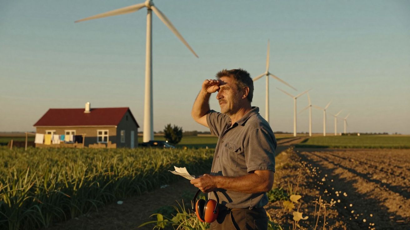 Farmer standing in field with wind turbines in background, shading eyes and holding papers and earmuffs.