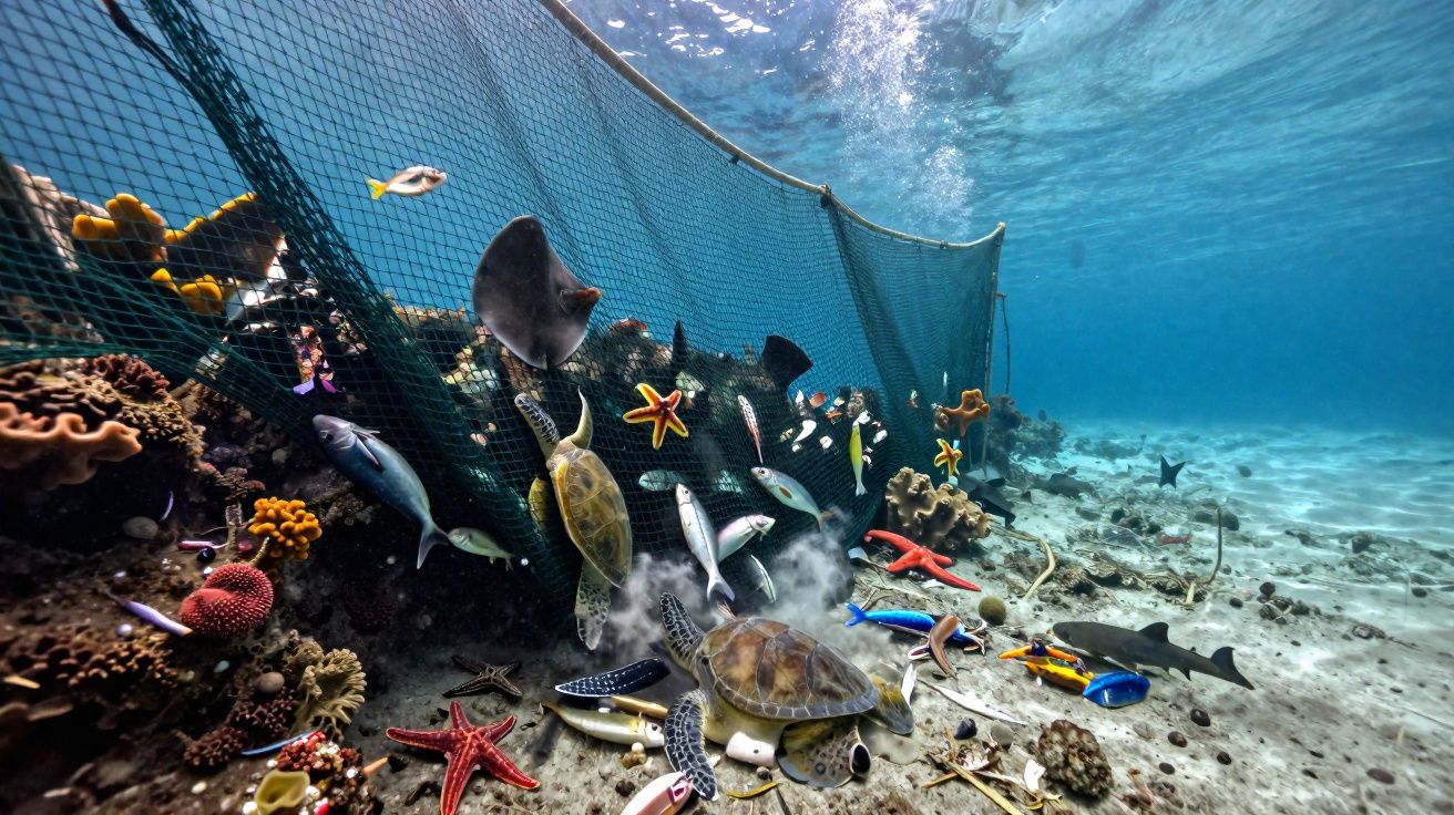 Underwater scene with turtles, fish, starfish, shark, coral, and a large net in clear blue water.