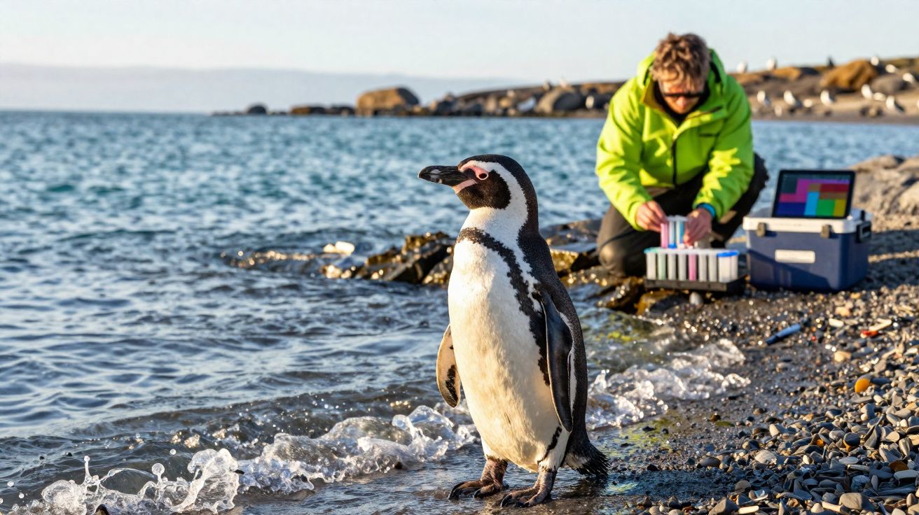 Humboldt penguin standing on rocky shore by the sea with a person in bright jacket working with scientific equipment nearby