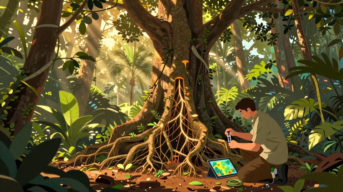 Researcher using a device to study glowing roots of a large tree in a dense, sunlit tropical forest.