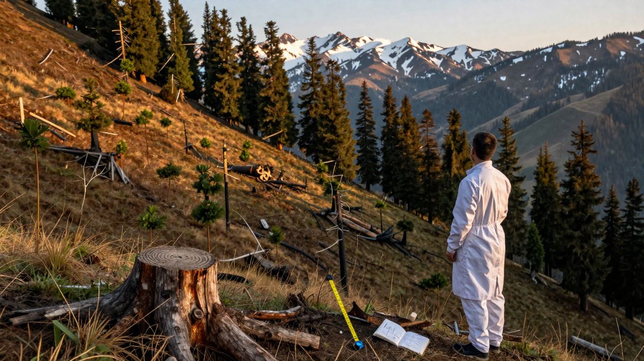 Scientist in white coat stands on hillside with tree stumps, snowy mountains and pine forest in background at sunset.