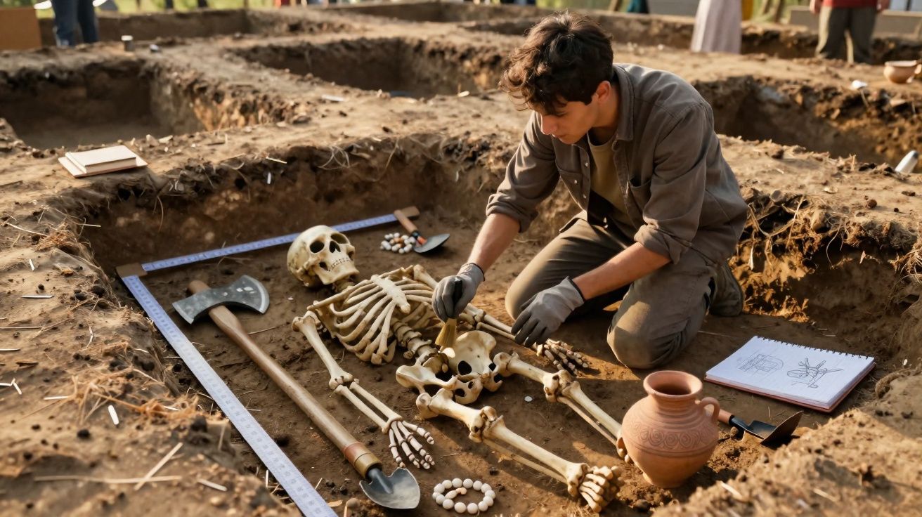 Archaeologist carefully excavating a human skeleton with ancient tools and pottery in a dig site.