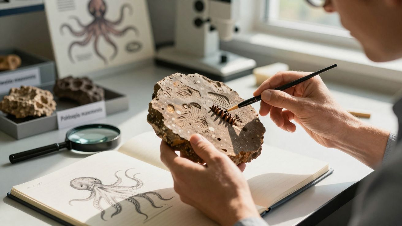 Person examining and painting a fossil with an illustration of an octopus on a notebook nearby.