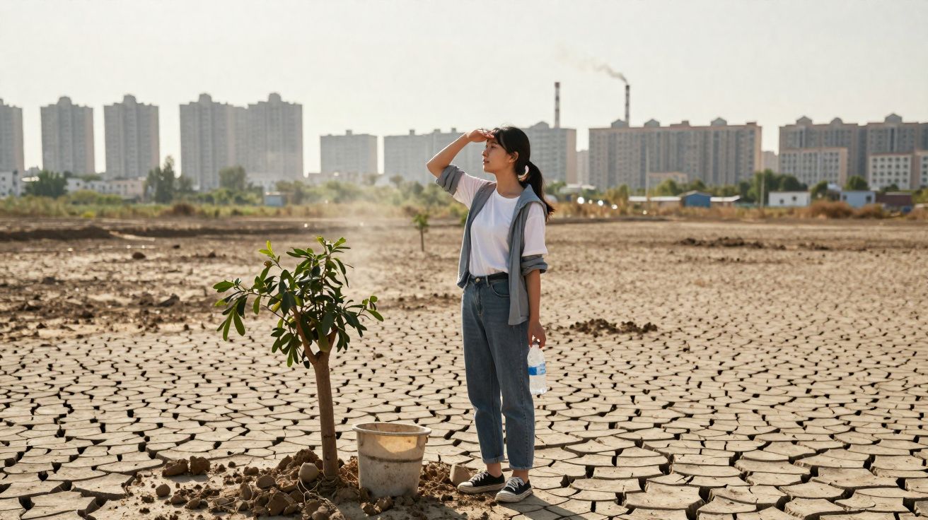 Woman standing on cracked dry ground beside a small tree, shielding eyes, with city buildings in background.