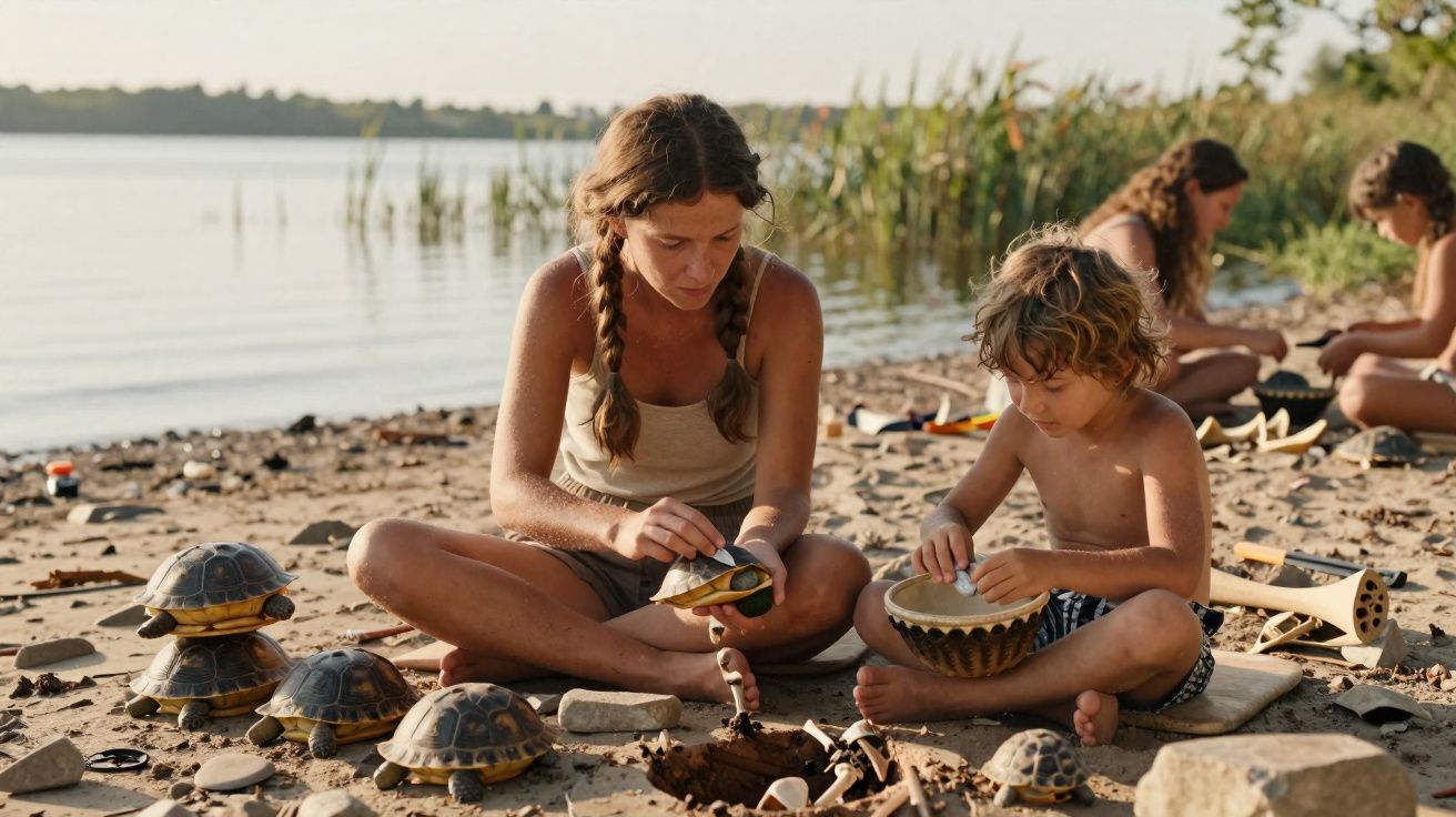Two children sit on a sandy beach playing with turtle shells and drums near lakeside reeds.