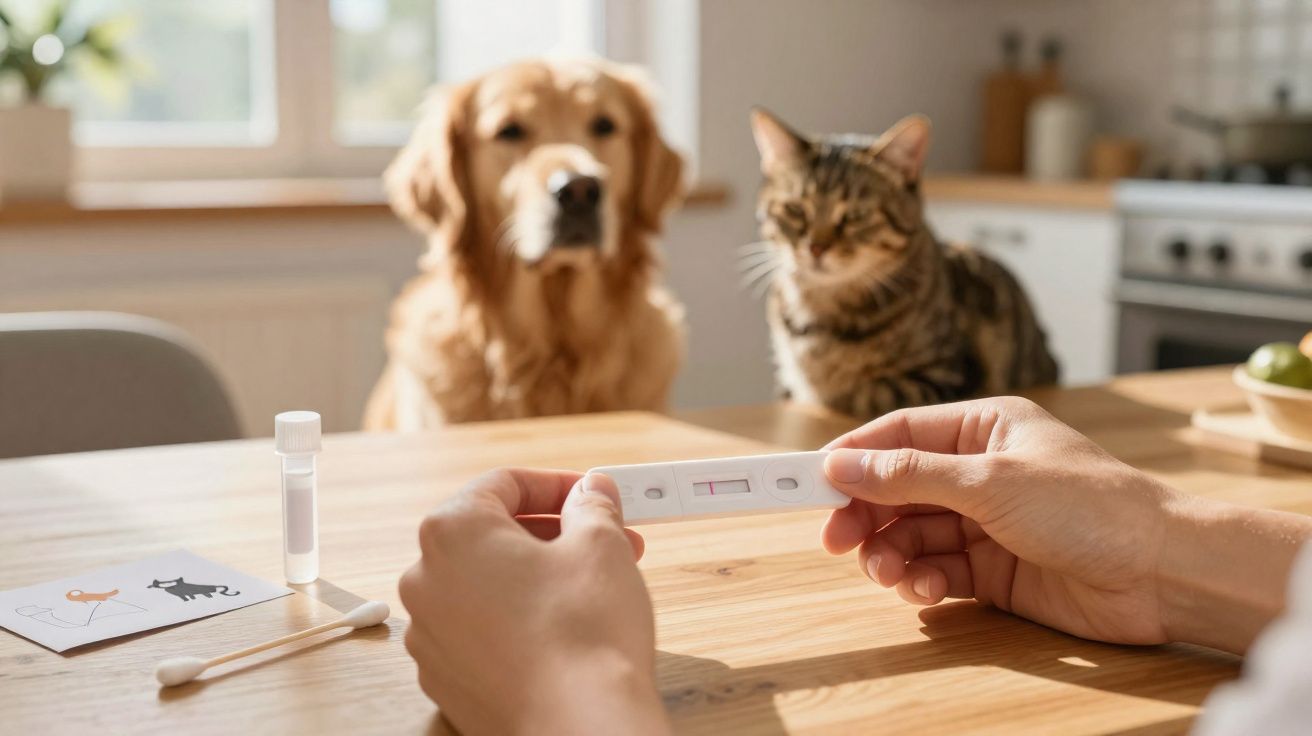 Person holding a positive pet pregnancy test with a dog and a cat sitting on a kitchen table in the background