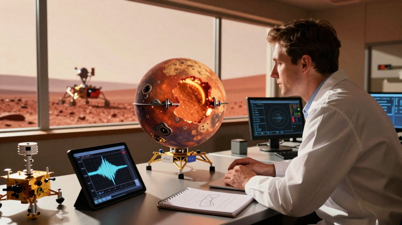 Scientist in lab coat studying a holographic model of Mars’ interior with Mars rover visible through window.