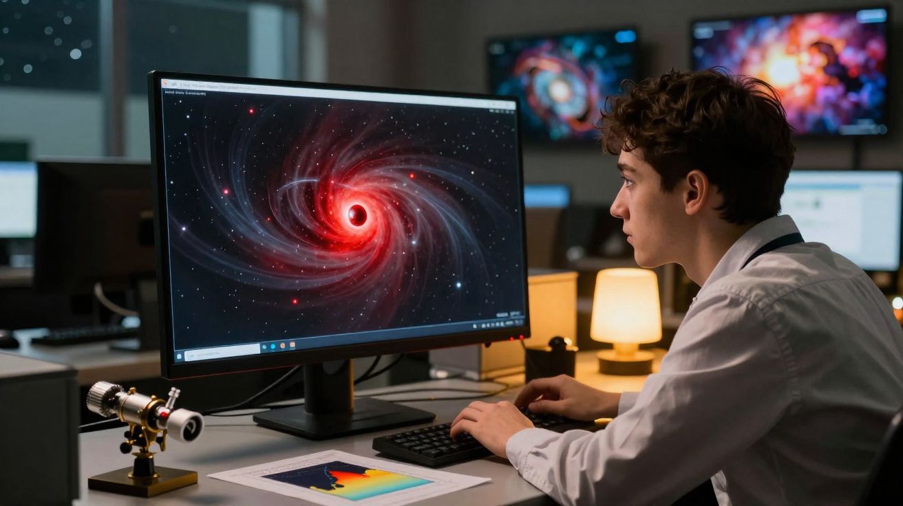 Young scientist analysing a red swirling black hole image on a computer screen in a dark lab.