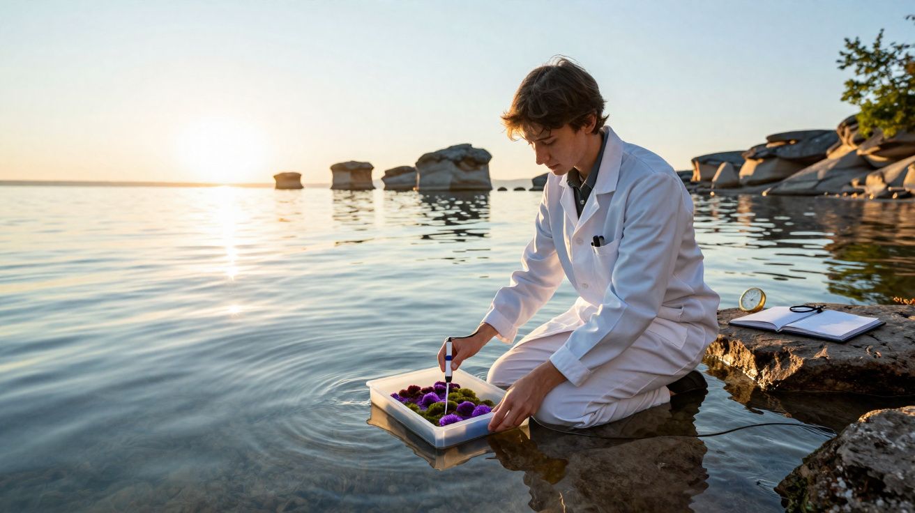 Scientist in white lab coat collecting marine samples from shallow water at sunset by rocky shore.