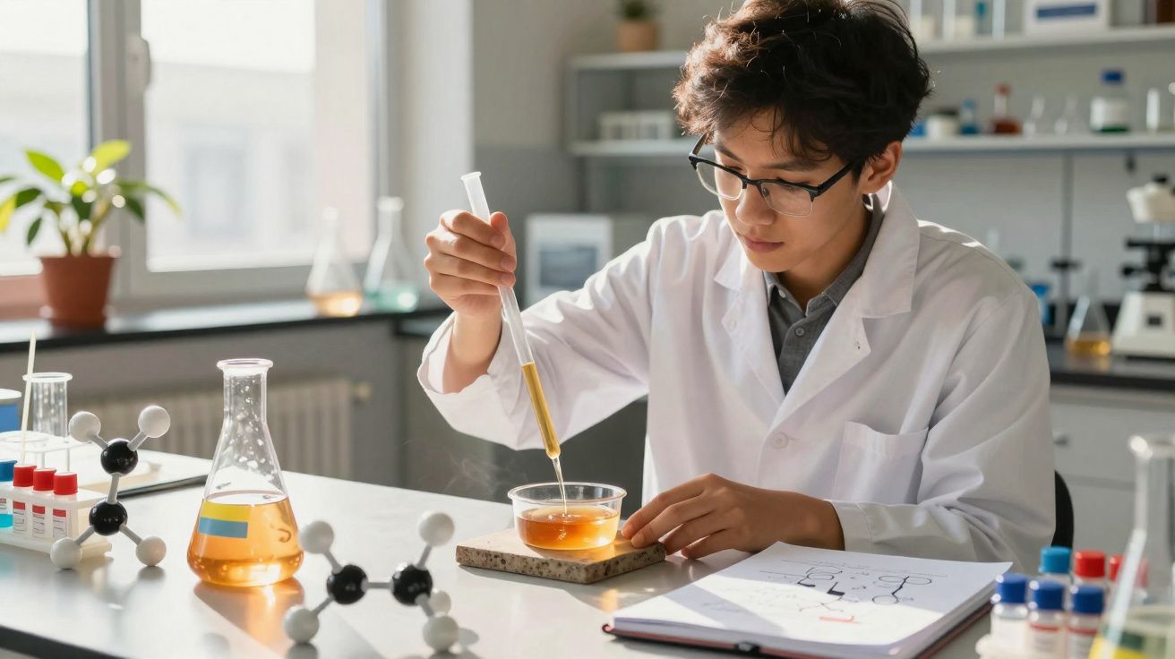 Scientist in a lab coat using a pipette to transfer liquid into a beaker in a laboratory setting.
