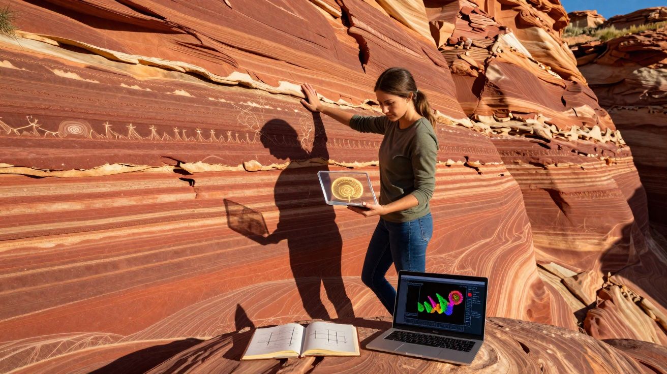 Woman studying ancient rock art on red sandstone cliff with open book and laptop nearby in desert canyon.