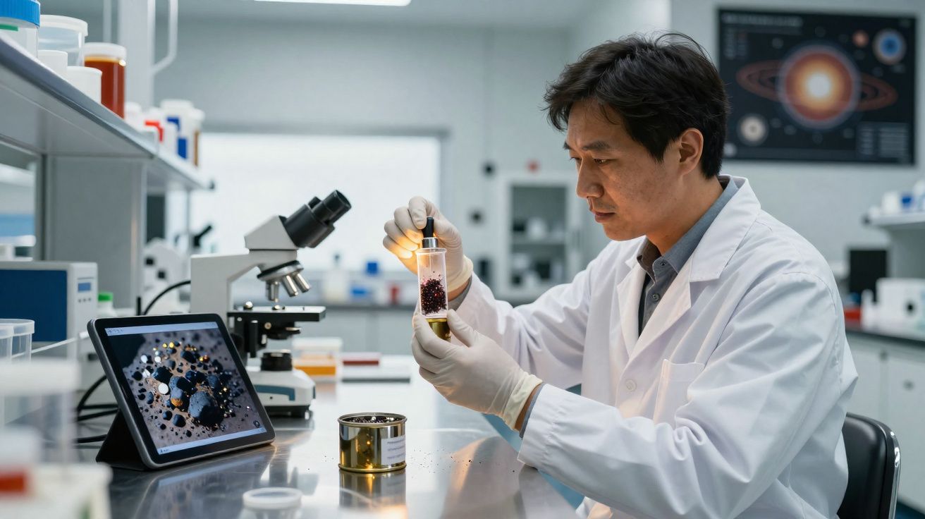 Scientist in lab coat examining a test tube with dark samples at a laboratory workstation with microscope and tablet.