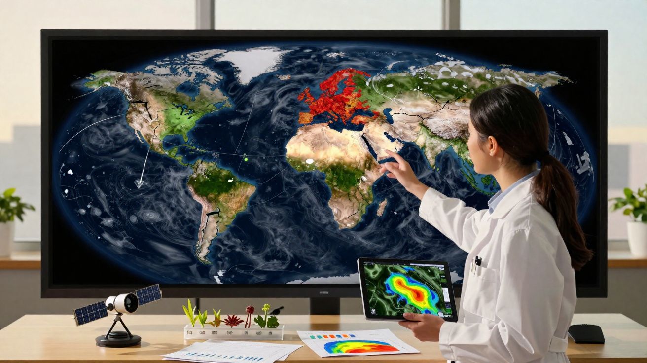 Scientist pointing at digital world map with weather patterns, holding a tablet showing a heat map.