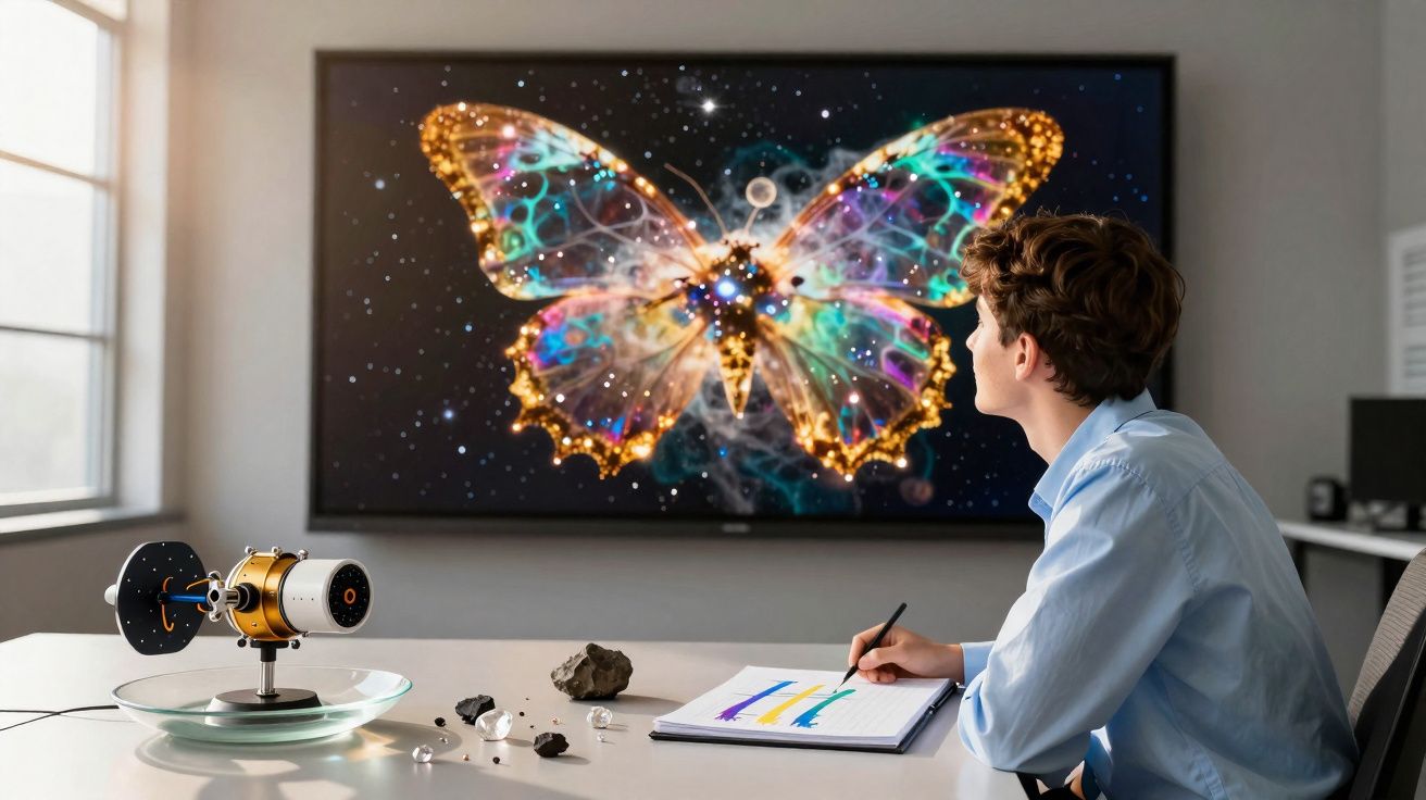 Young man with notebook observing colourful digital butterfly image in modern science or research setting