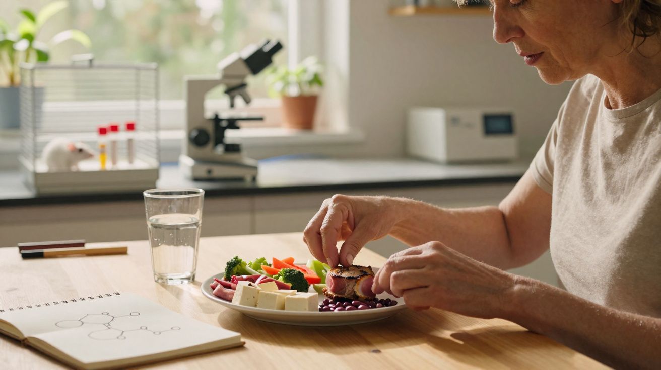 Person preparing to eat a plate of healthy food with vegetables, cheese, and kidney beans at a wooden table.