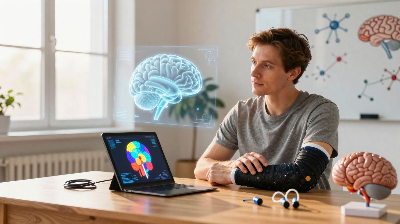 Man wearing black arm sleeve with sensors studying brain hologram projected above laptop at wooden desk