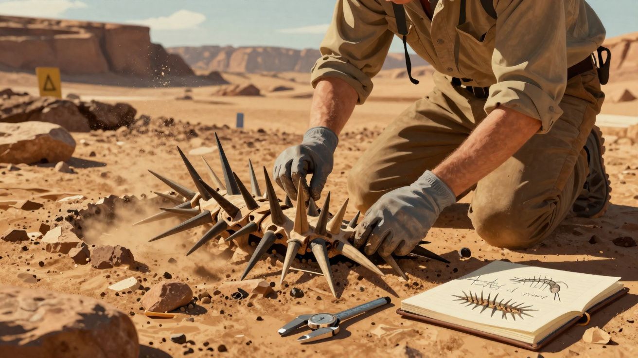 Person examining a large spiked fossil in a desert with a sketchbook and measuring tool nearby.