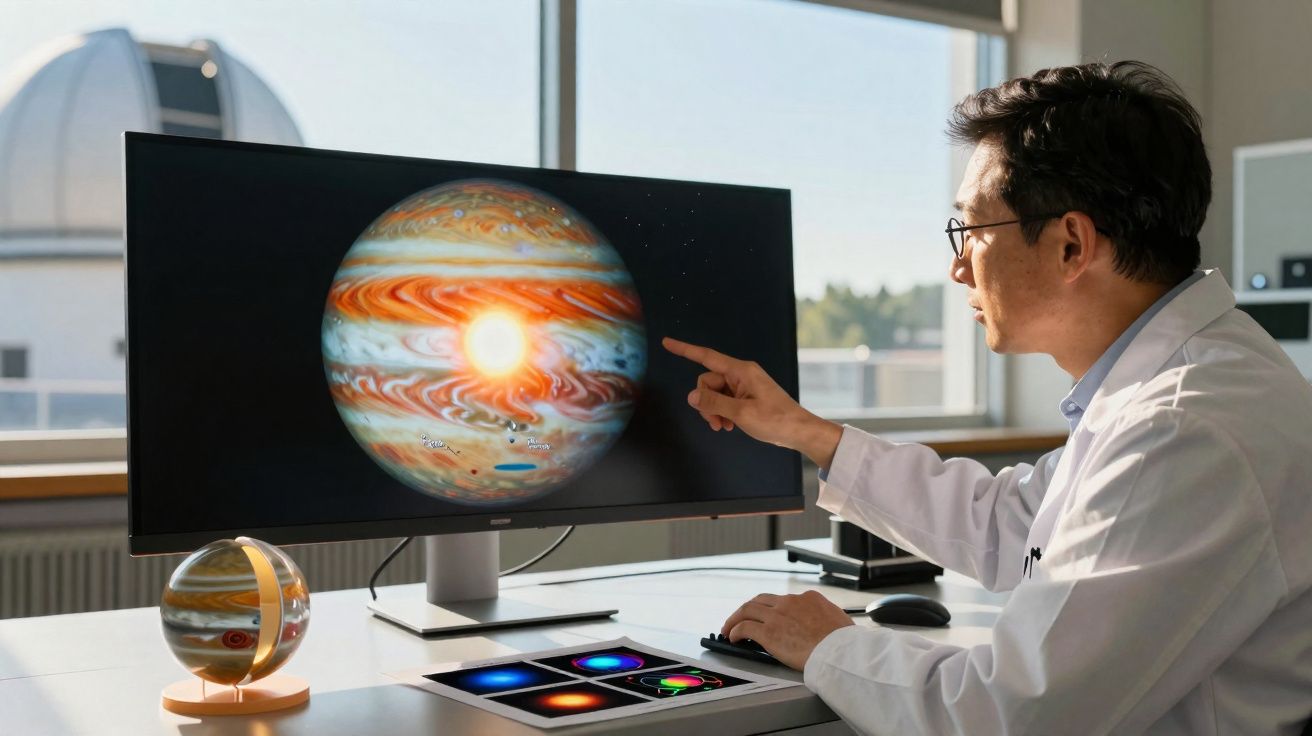 Scientist in white coat pointing at a detailed image of Jupiter on a computer screen in a bright lab.