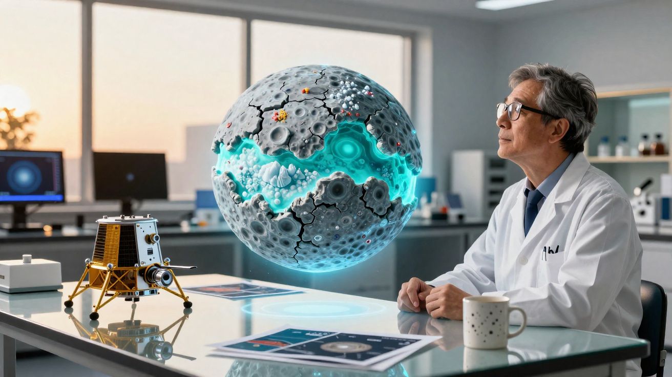 Scientist in lab coat observing a floating holographic model of a cracked planet with a lunar lander on the table.
