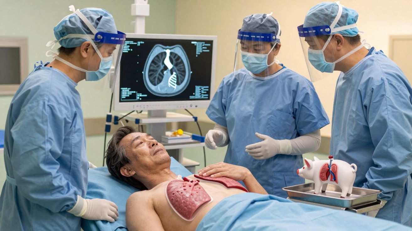 Medical team in protective gear examining patient with lung model and chest scan on monitor in hospital room