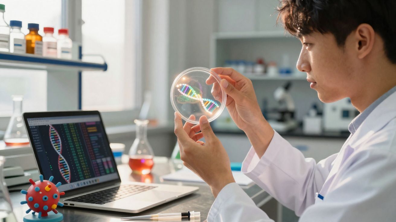 Scientist in lab coat examining a petri dish with a DNA model, laptop and virus model on table.