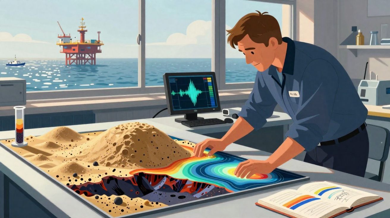 Engineer analysing geological layers and volcanic activity in a coastal research lab with offshore platform in the background
