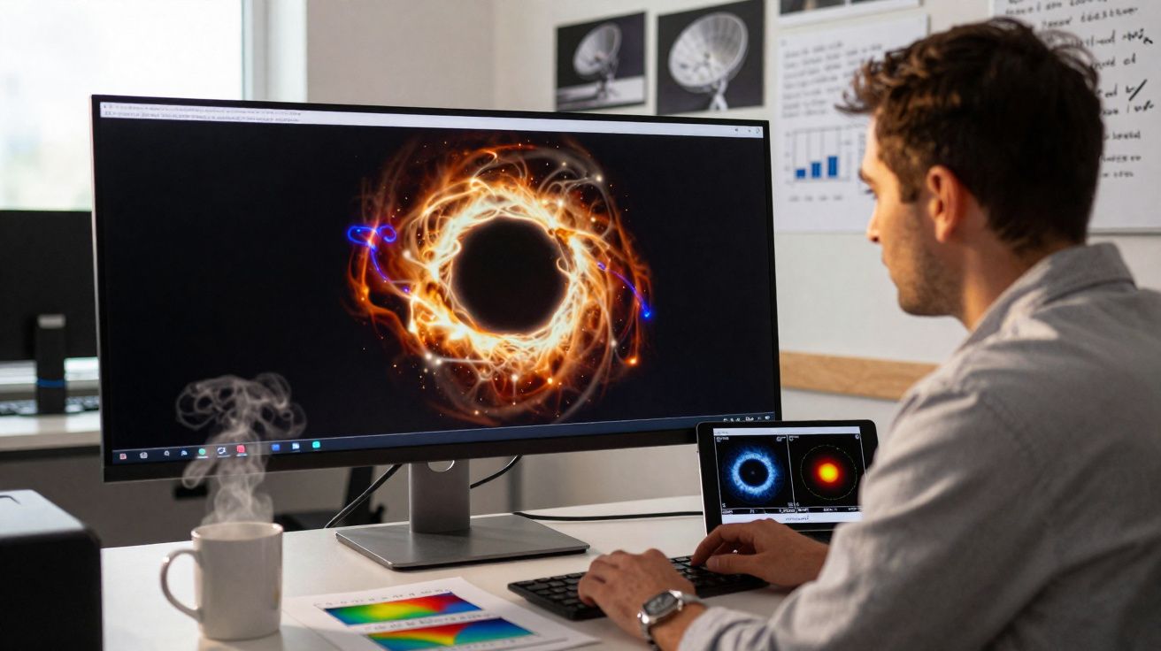 Man analysing fiery ring galaxy images on computer screens in a scientific research setting