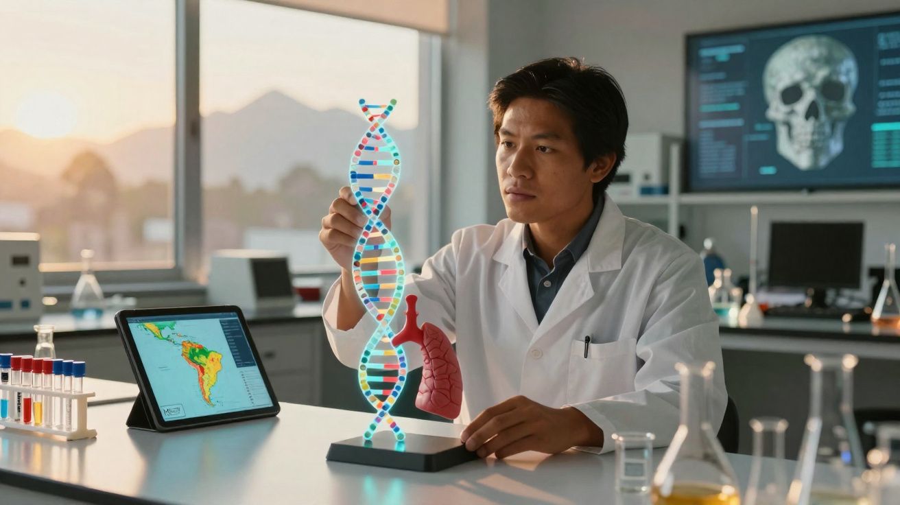 Scientist in lab coat examining a DNA model with lung model and tablet showing a map on the table.