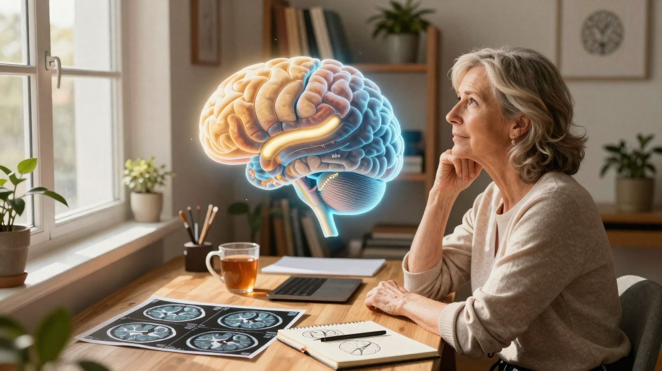 Elderly woman sitting at desk looking at a floating 3D brain hologram with brain scan images on table.