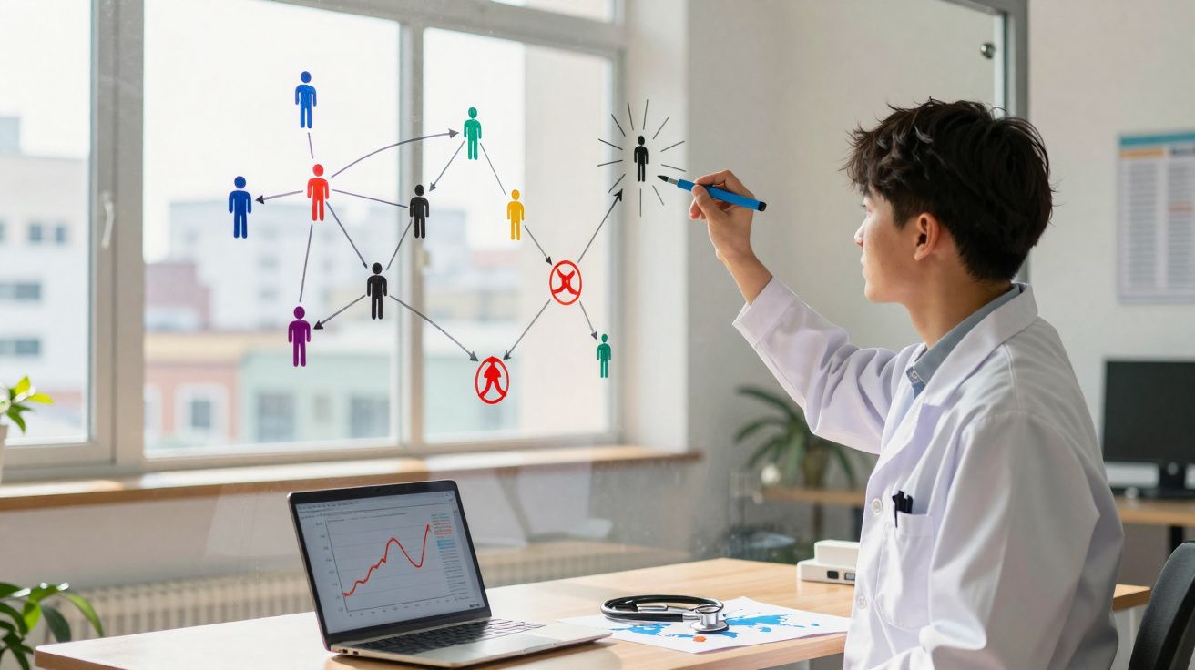Doctor analysing a network of coloured human icons and connections drawn on a glass window in an office.