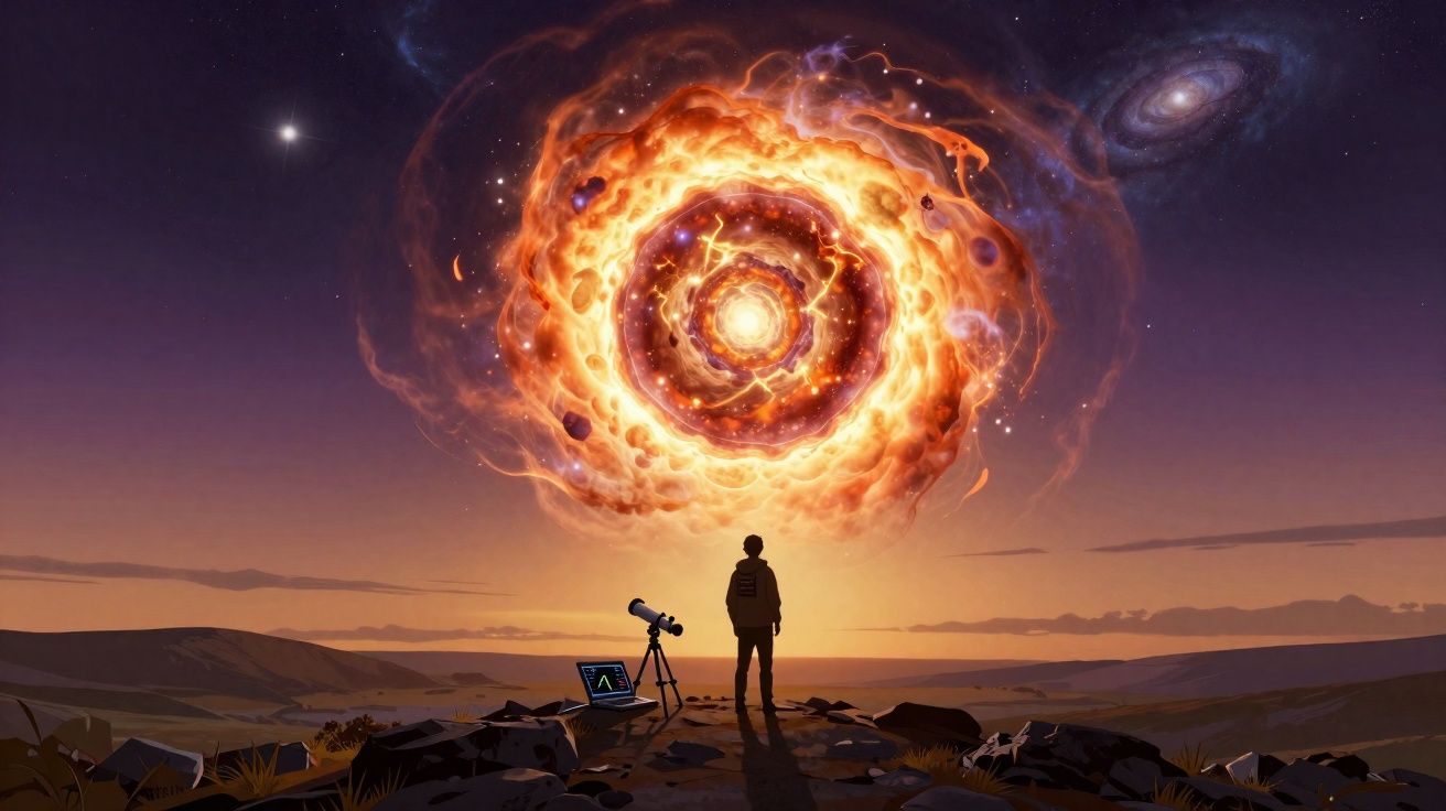 Person standing on rocky hill with telescope and laptop, observing fiery cosmic spiral in twilight sky.