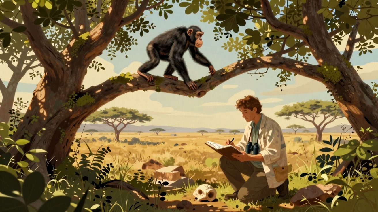 A man kneels in savannah grassland sketching while a chimpanzee watches from a tree branch above.