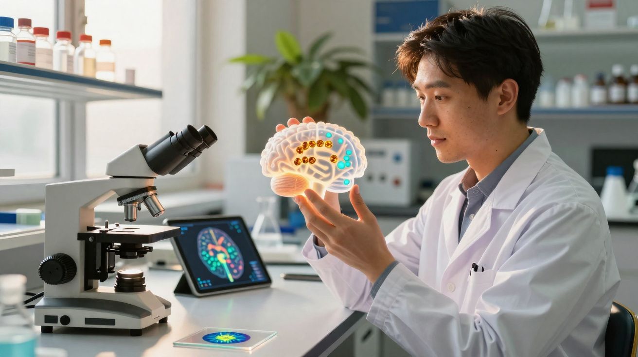 Scientist in lab coat examining a digital hologram of a brain with a microscope and tablet nearby.