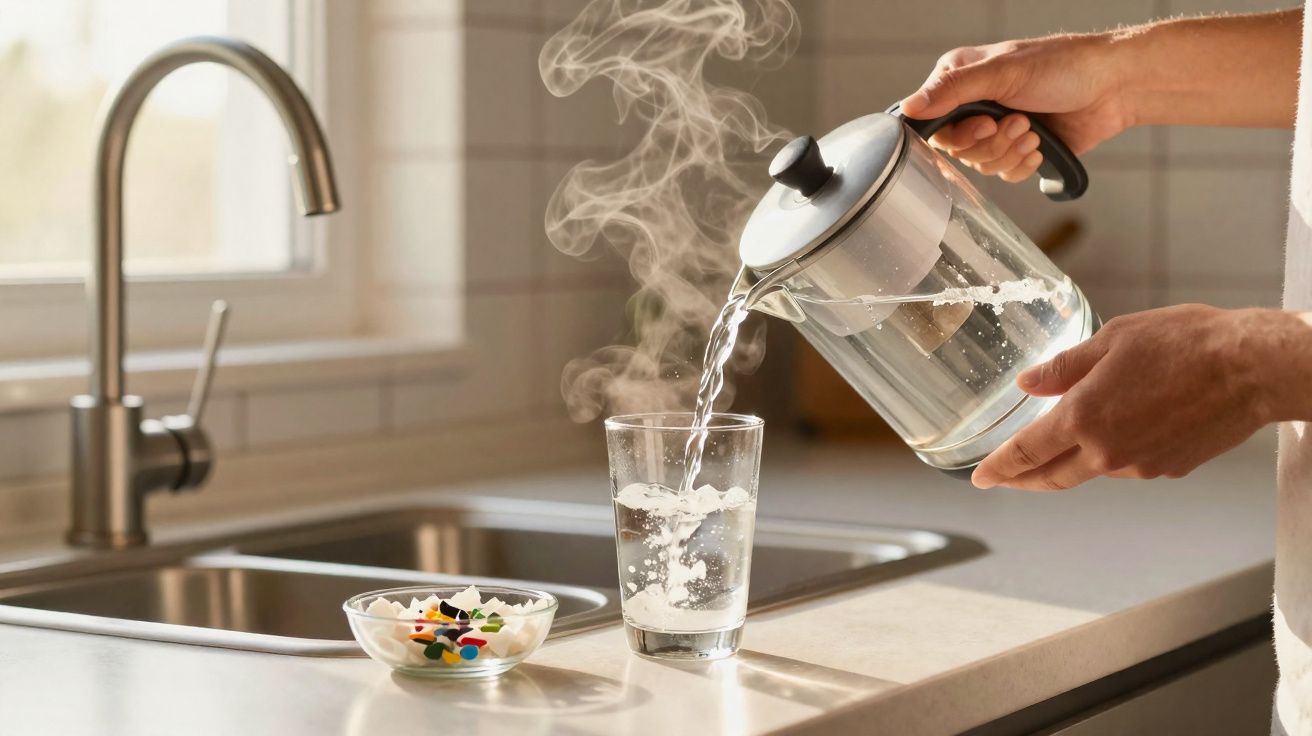 Steaming hot water being poured into a glass from a kettle on a kitchen countertop near a sink.