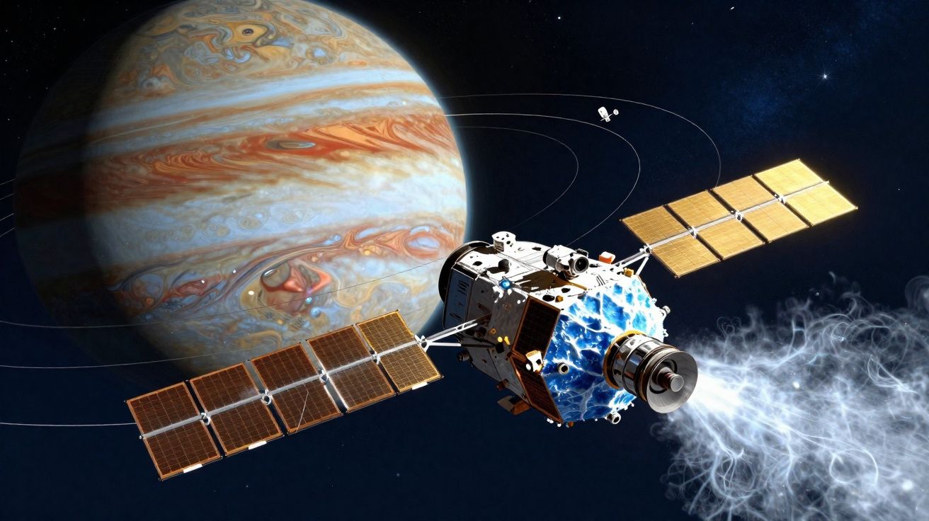 Spacecraft with solar panels orbiting near the planet Jupiter with visible gas swirls and moons in the background.