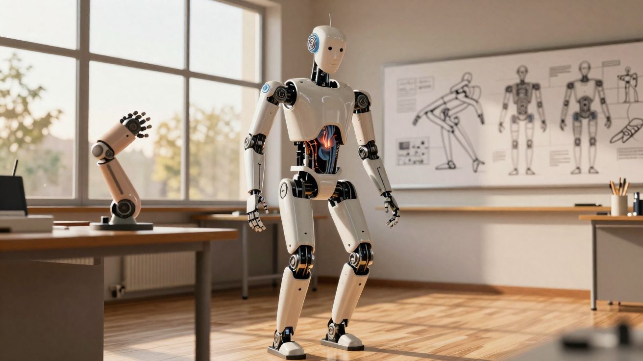 Humanoid robot standing in a modern lab with a robotic arm and design blueprints in the background.