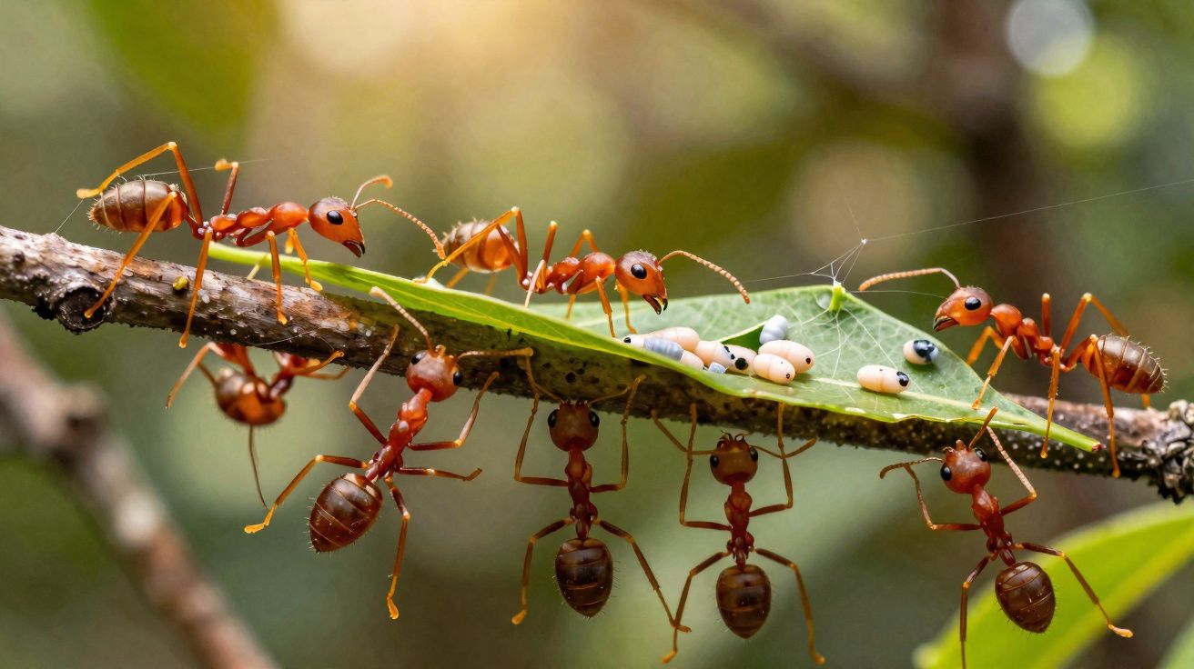 Red ants working together to carry a leaf with small white insect larvae on a branch.