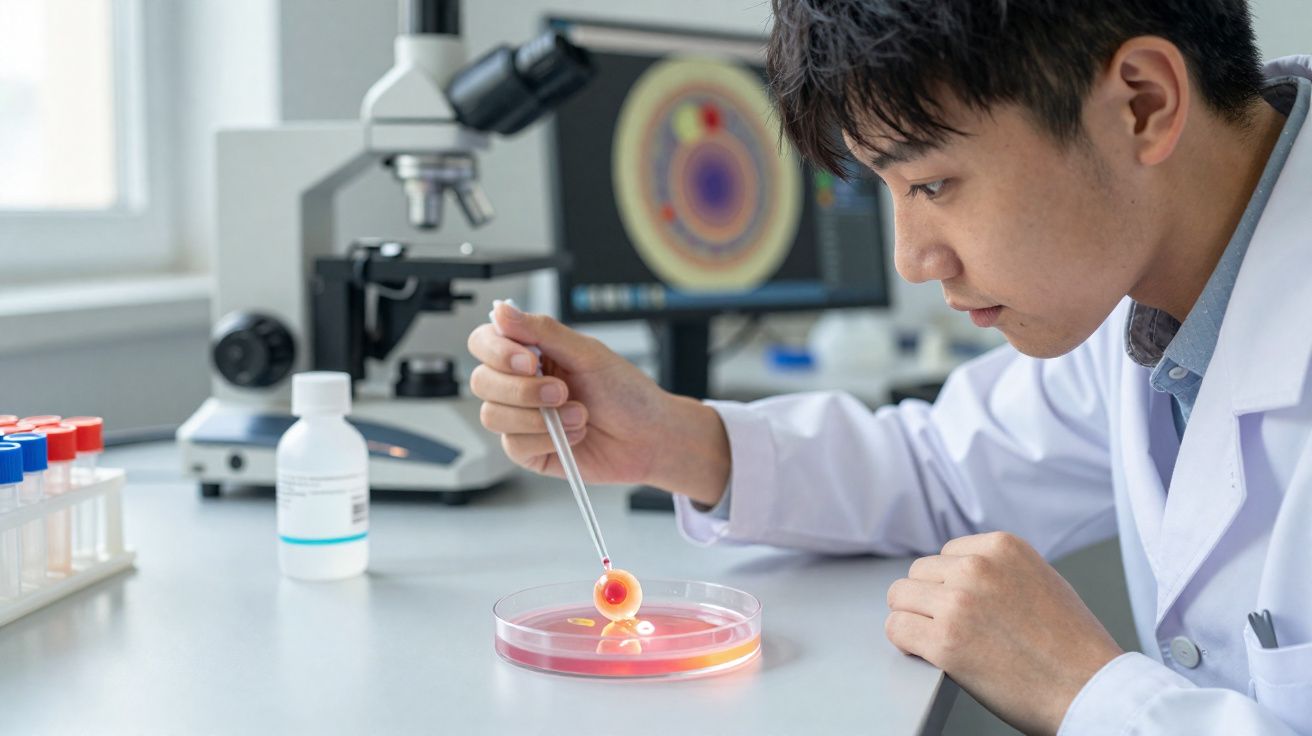 Scientist in lab coat examining petri dish with pipette in a laboratory setting with microscope and test tubes.