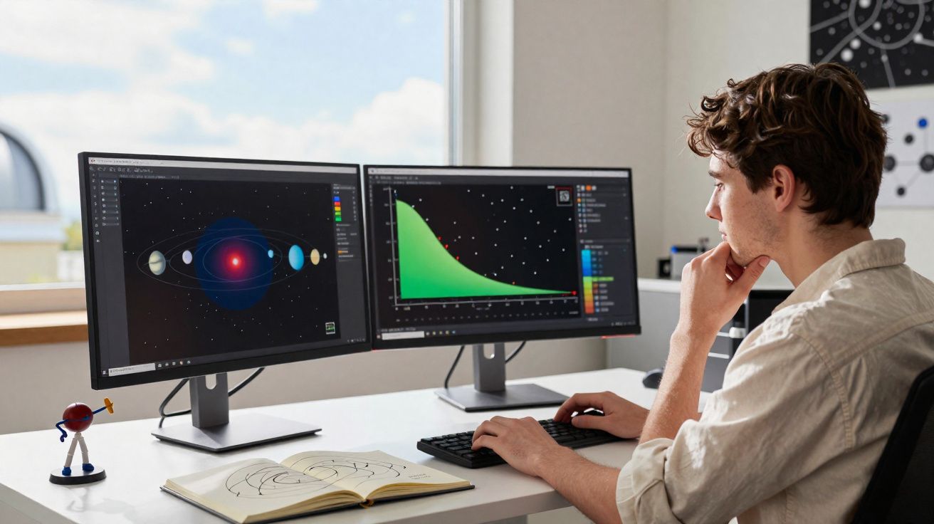 Young man studying planetary orbits and scientific data on dual monitors at a bright workspace with an open notebook.