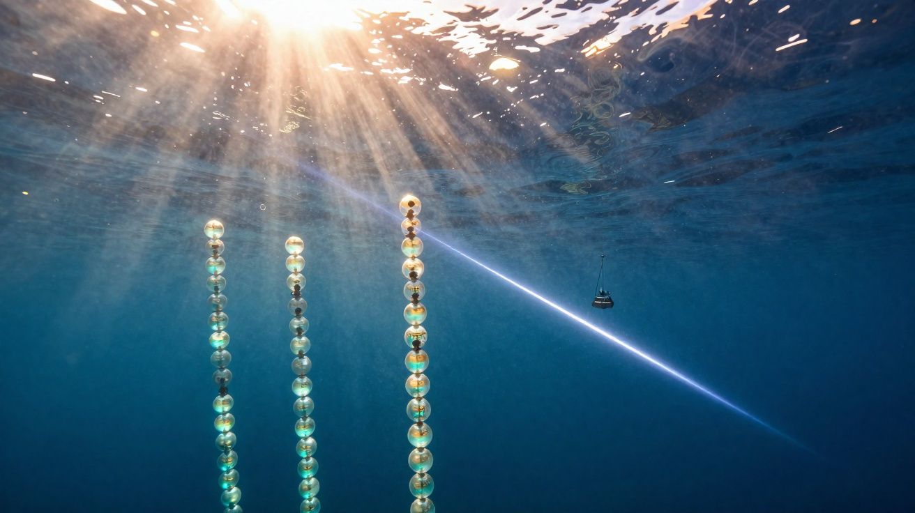 Underwater scene with three vertical pearl strands illuminated by sunlight and a small boat on the surface.
