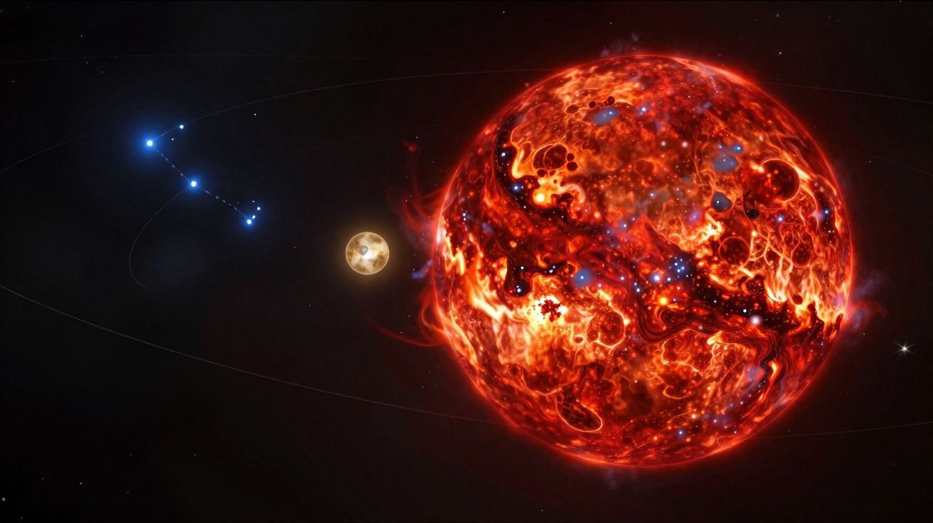 A glowing, fiery red star with a smaller, yellowish planet or moon nearby against a dark starry background.