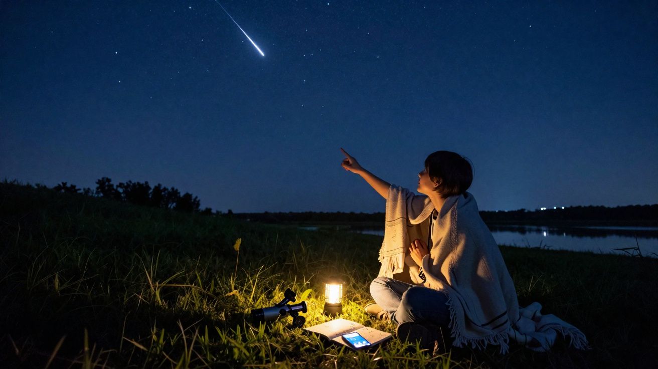 Person wrapped in a blanket sitting by a lantern, pointing at a bright meteor streaking across the night sky.
