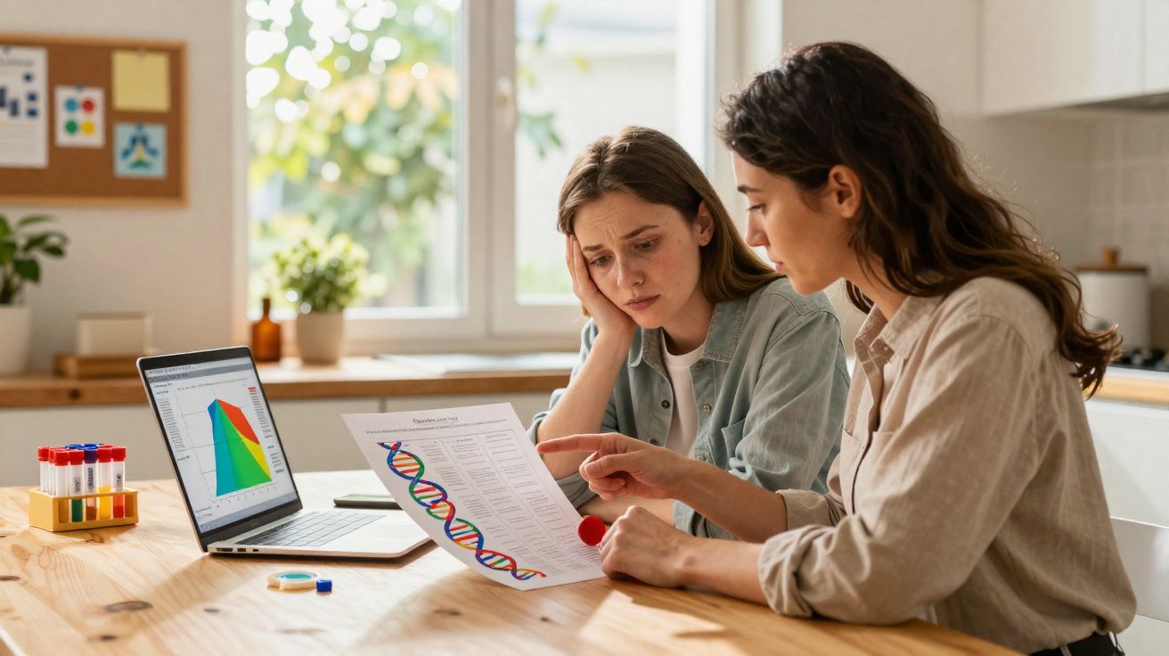 Two women review a DNA research sheet with a laptop and test tubes on a wooden table in a bright room.