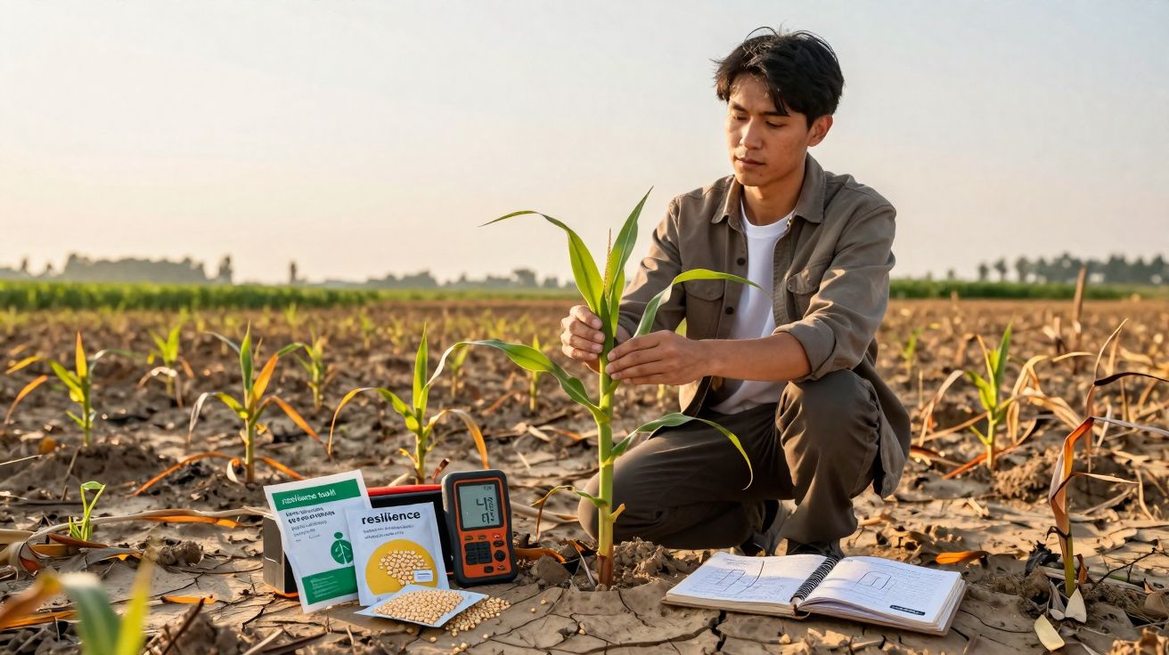Young man examining corn plant in dry field with soil testing kit and open notebook nearby at sunset.
