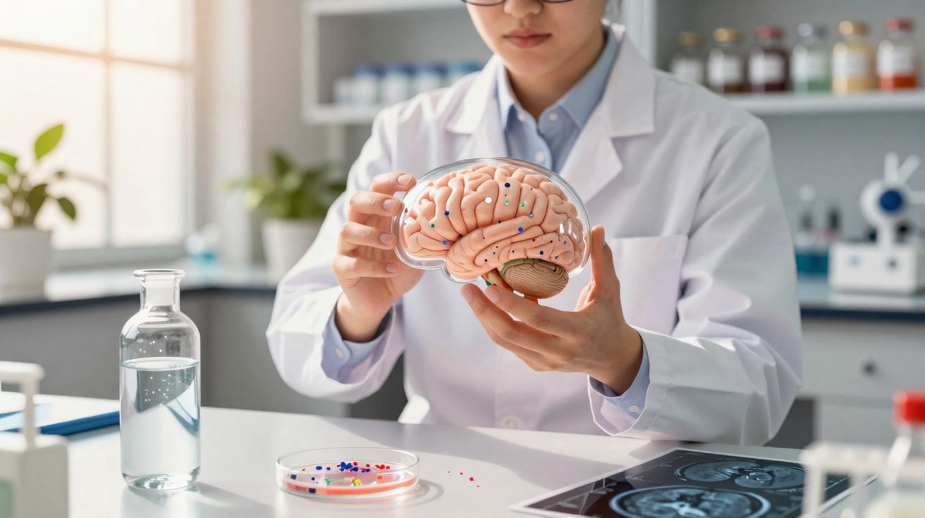 Scientist in white coat holding a brain model with a petri dish and brain scans on the table in a lab.