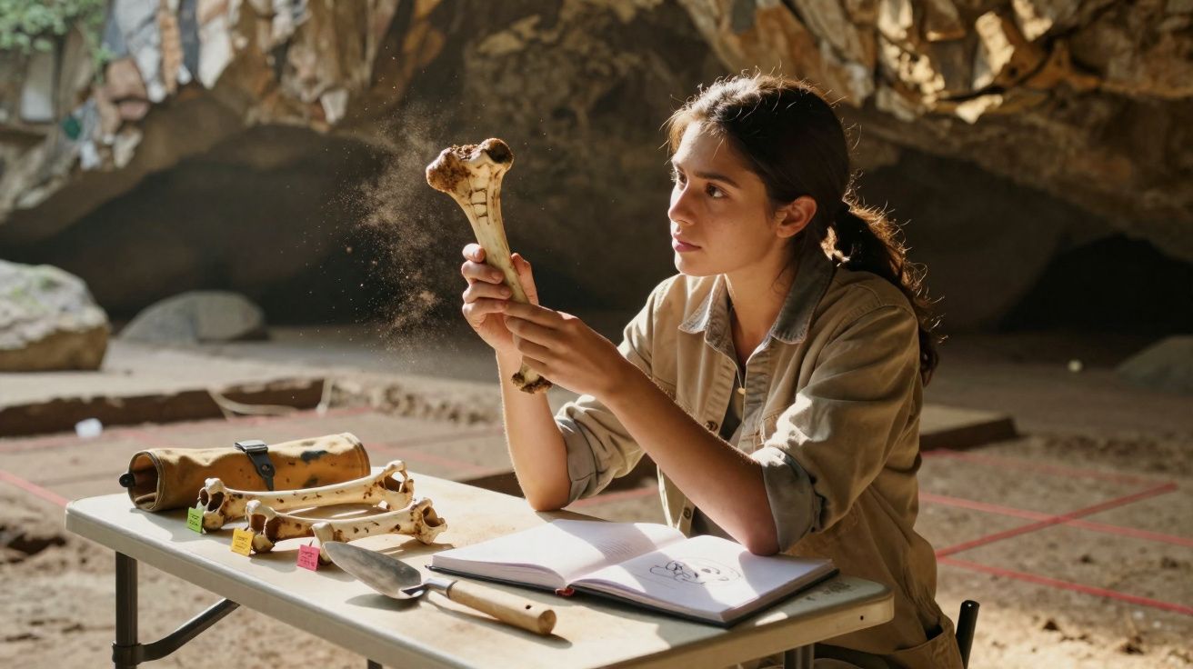 Young female archaeologist examining a large bone at a dig site inside a cave, with tools and notes on the table.