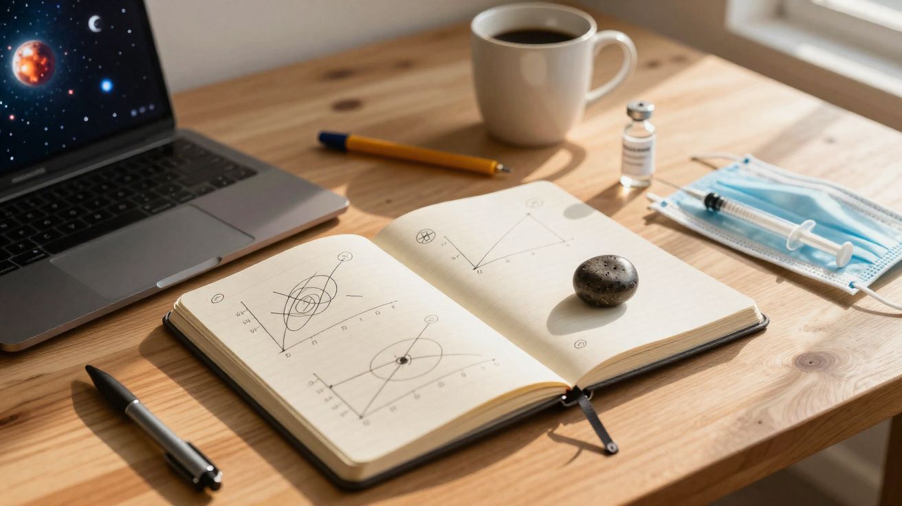 Open notebook with scientific graphs, laptop, coffee cup, face mask, syringe, and vaccine vial on wooden table.