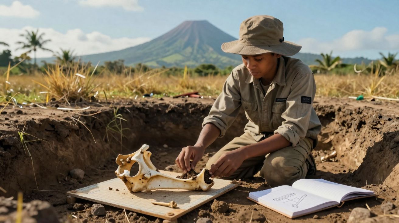 Archaeologist in field gear examining large bone fossils with open notebook, volcano in background.